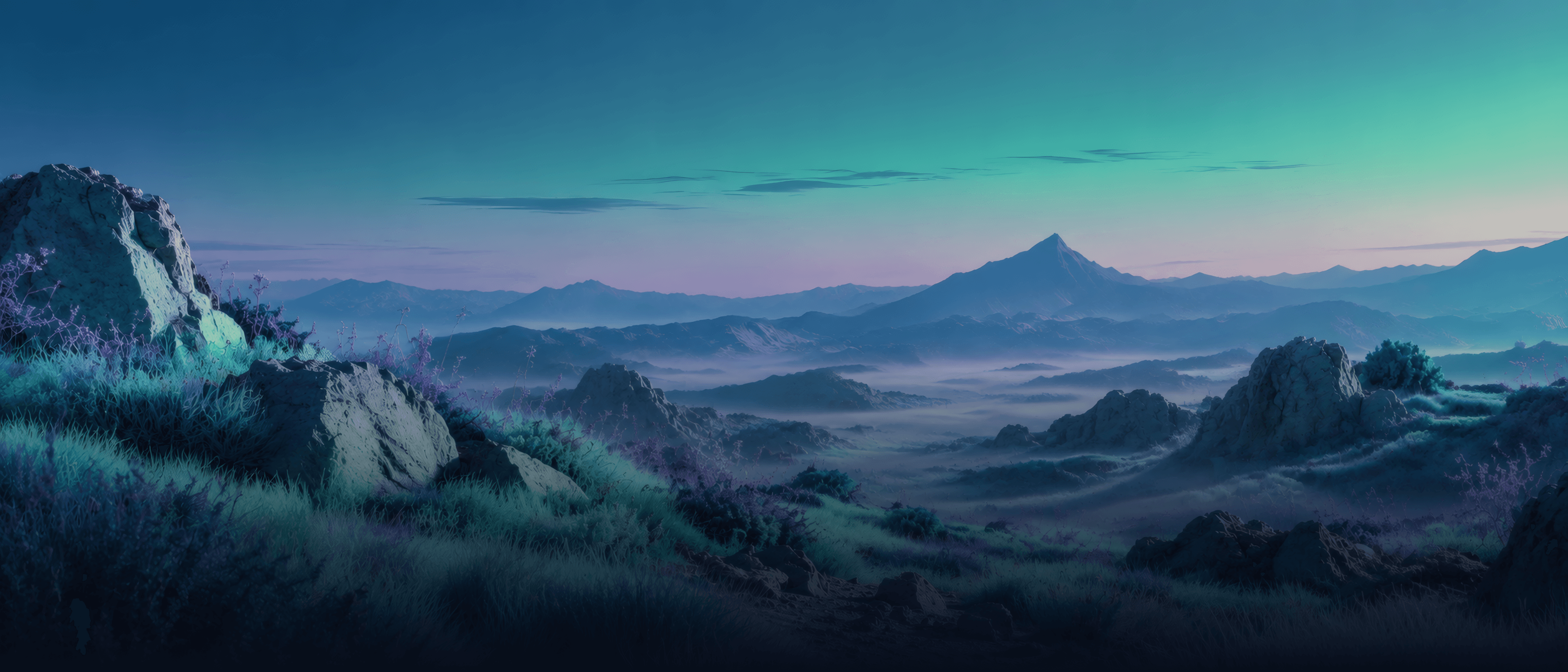 A high plateau at dusk, ridges receding into mist, fog pooling in the valley