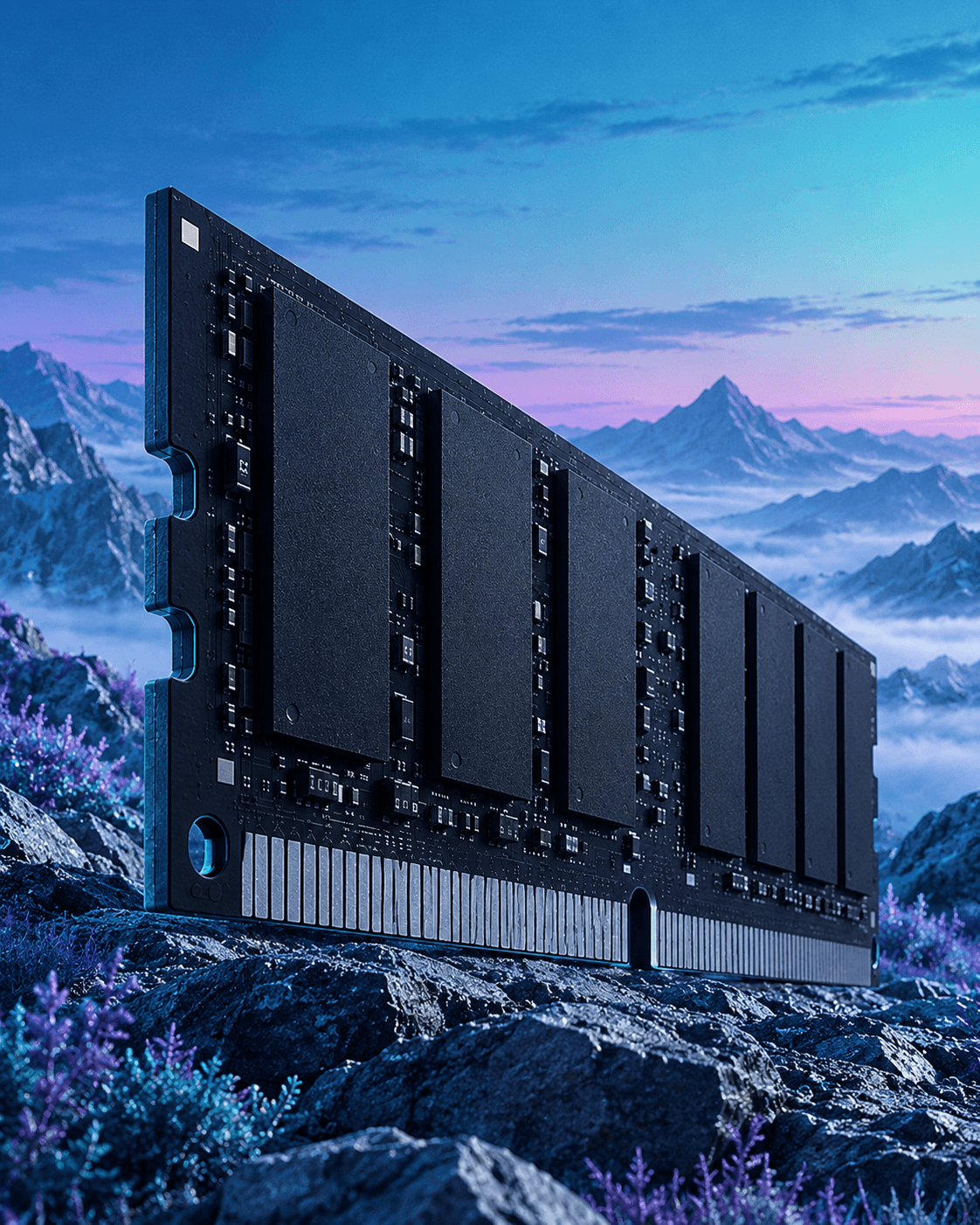 Macro: a memory module on edge, gold contacts in a cold light