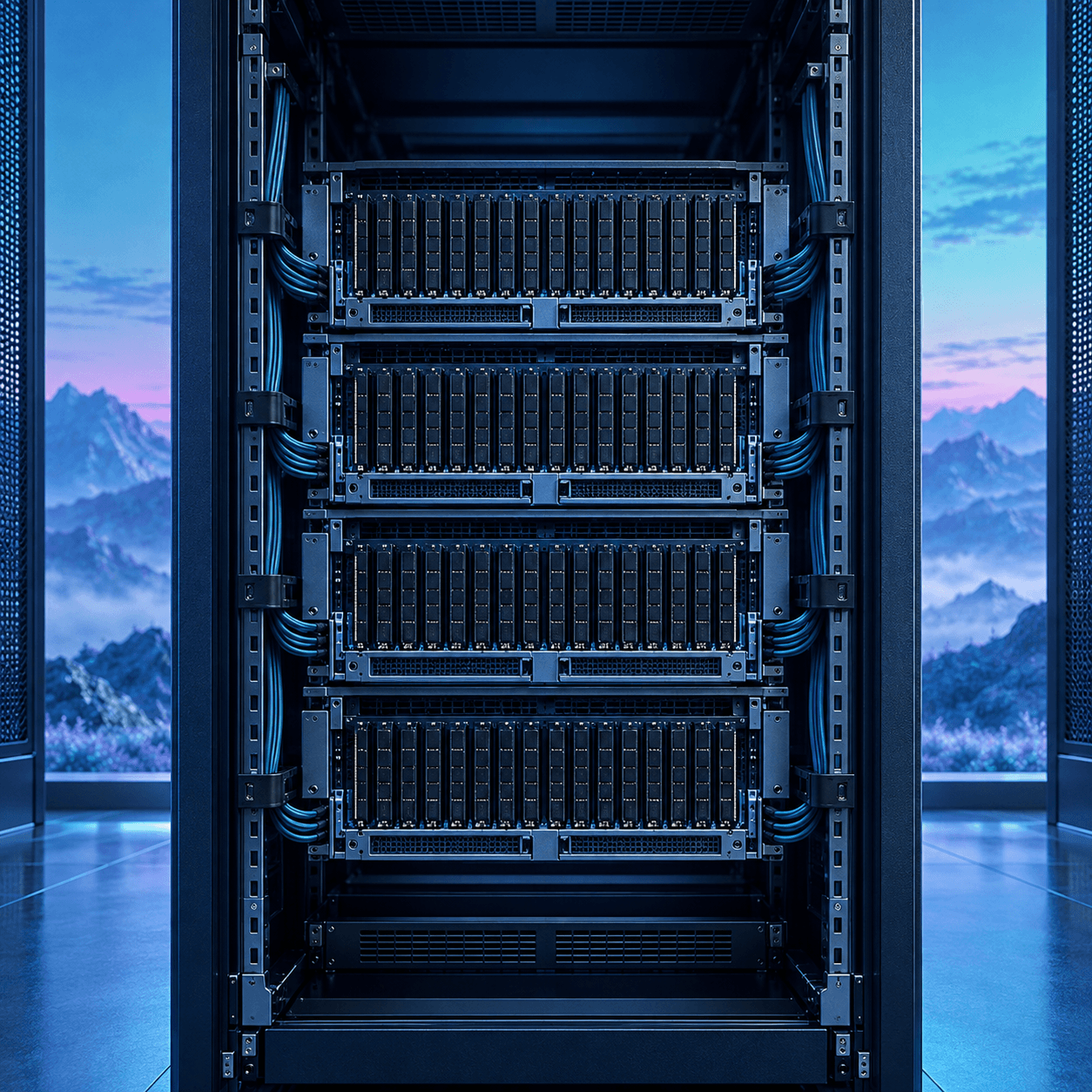 A rack in a cold dark aisle, rows of identical modules